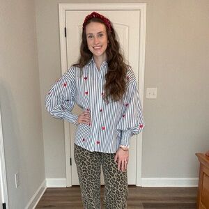 Striped Button Down Shirt with Red Embroidered Hearts